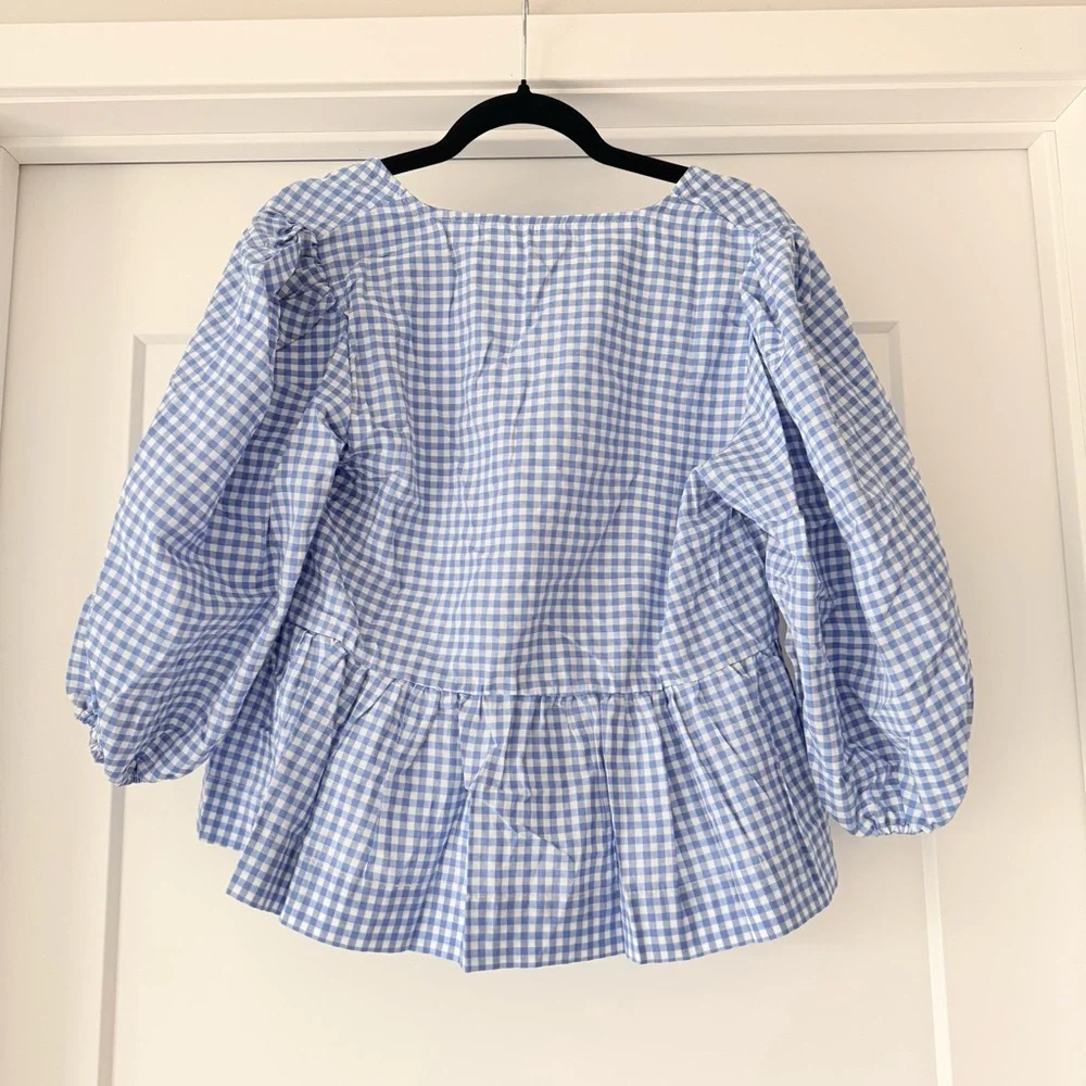 NWOT-Woman’s Blue Plaid Gingham Babydoll Top w/ Tie Front Short Puff Sleeves - Picture 2 of 14
